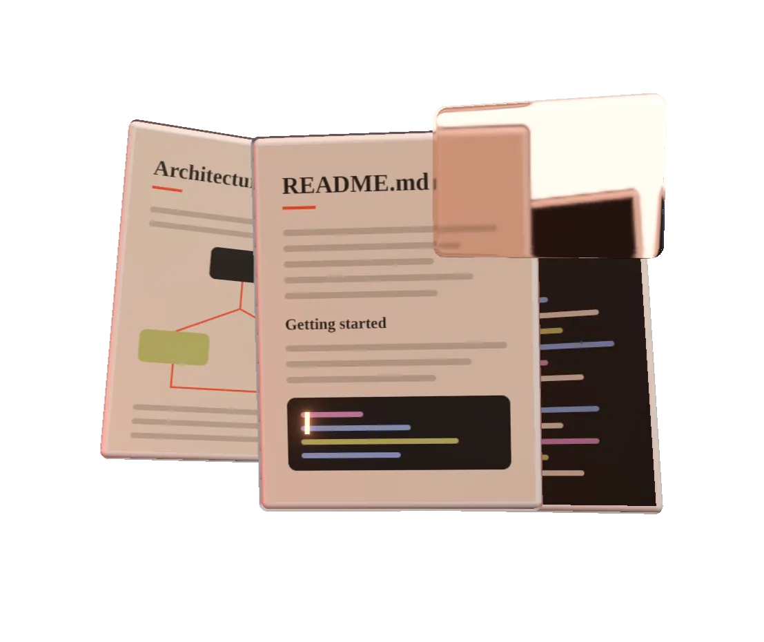 Three floating Markdown pages: a README, an architecture diagram and highlighted code, rendered by MD Reader
